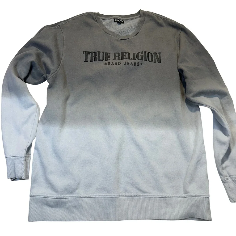 True Religion Ombre Pullover Mens 3XL Grey Streetwear Gradient Logo Sweatshirt